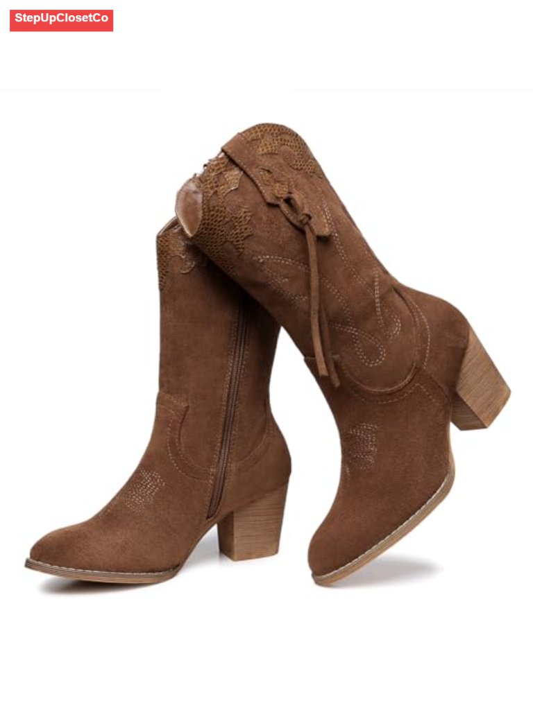Women's Western Mid Calf Suede Cowboy Boots With Side Zipper